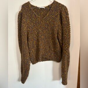 Zara Brown Multicolor V-Neck Sweater With Puff Sleeves